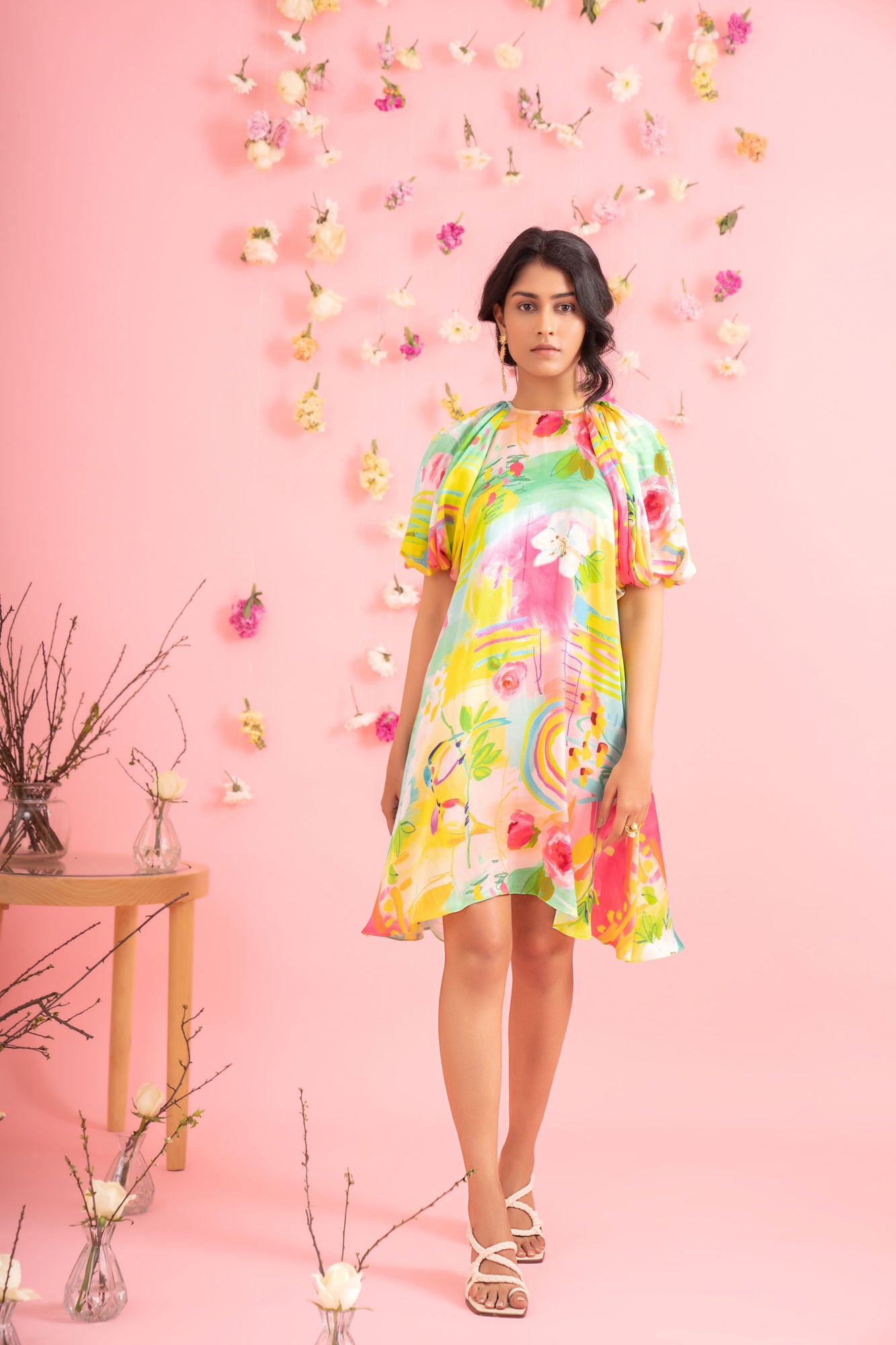 Elegant handcrafted short dress in vibrant hues, showcasing premium fabric and artisan craftsmanship, epitomizing luxury womenswear