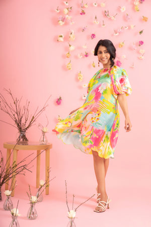 Multicolored short dress in premium Samo satin silk, featuring elegant ball sleeves. Artisan-crafted luxury womenswear, dry clean only