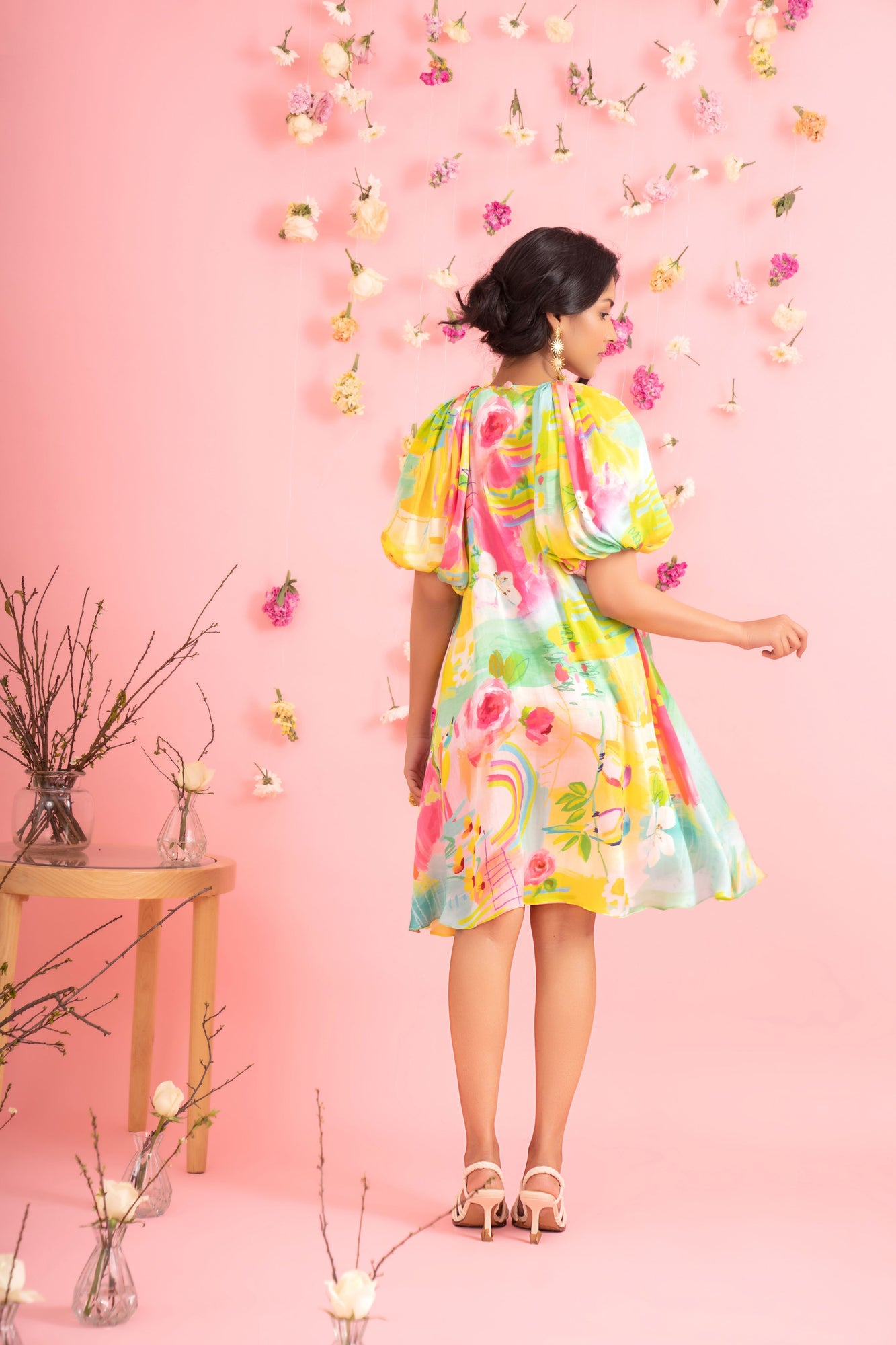 Handcrafted short dress in vibrant hues, featuring premium handloom fabric, showcasing NJ3 Atelier's luxury womenswear craftsmanship