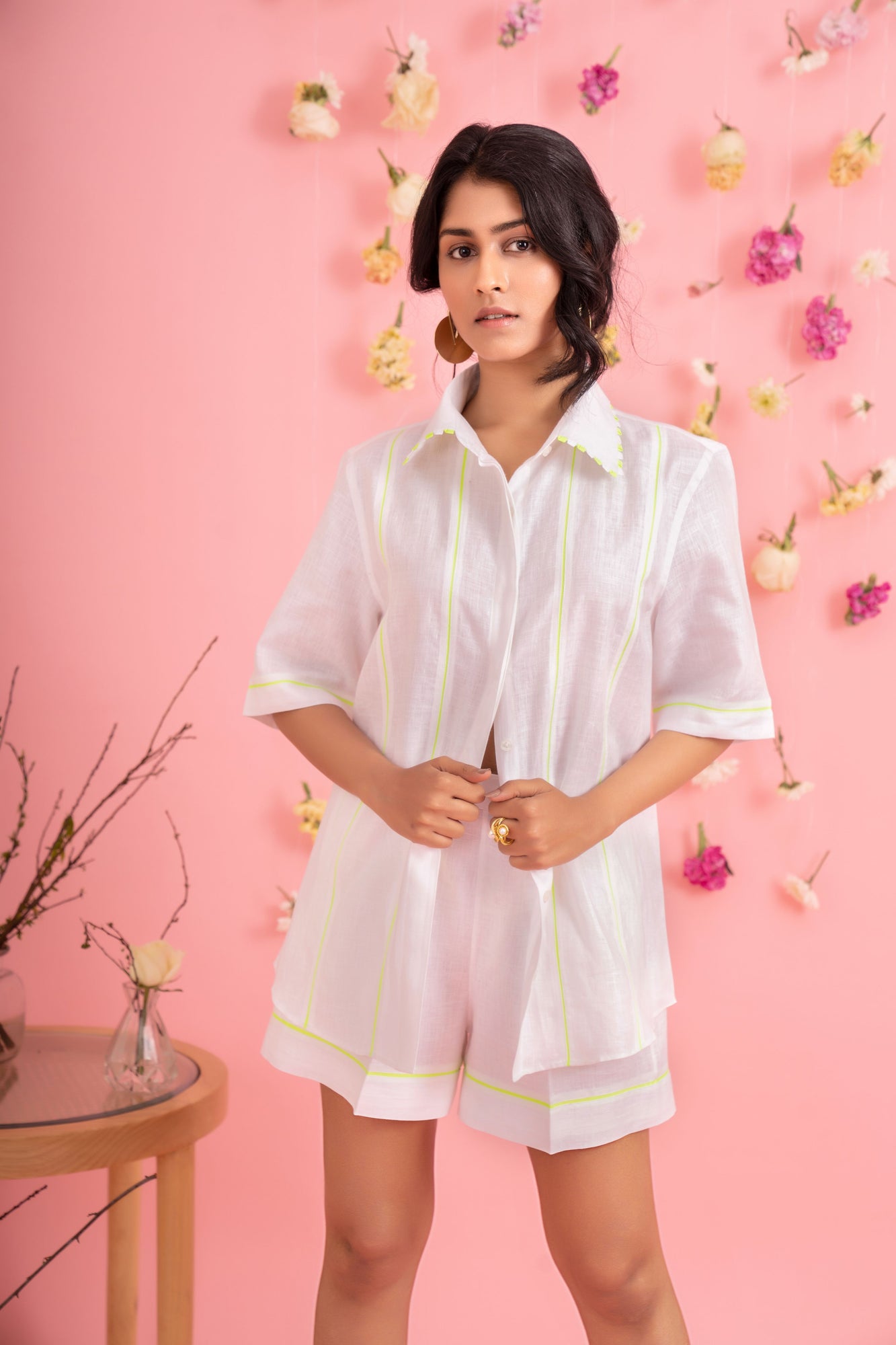 Elegant dazy dot half pant cord set in premium handloom fabric, showcasing NJ3 Atelier's artisan craftsmanship and luxury womenswear