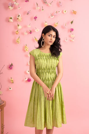 Elegant pearl pleated dress in premium fabric, showcasing artisanal craftsmanship and luxury womenswear sophistication