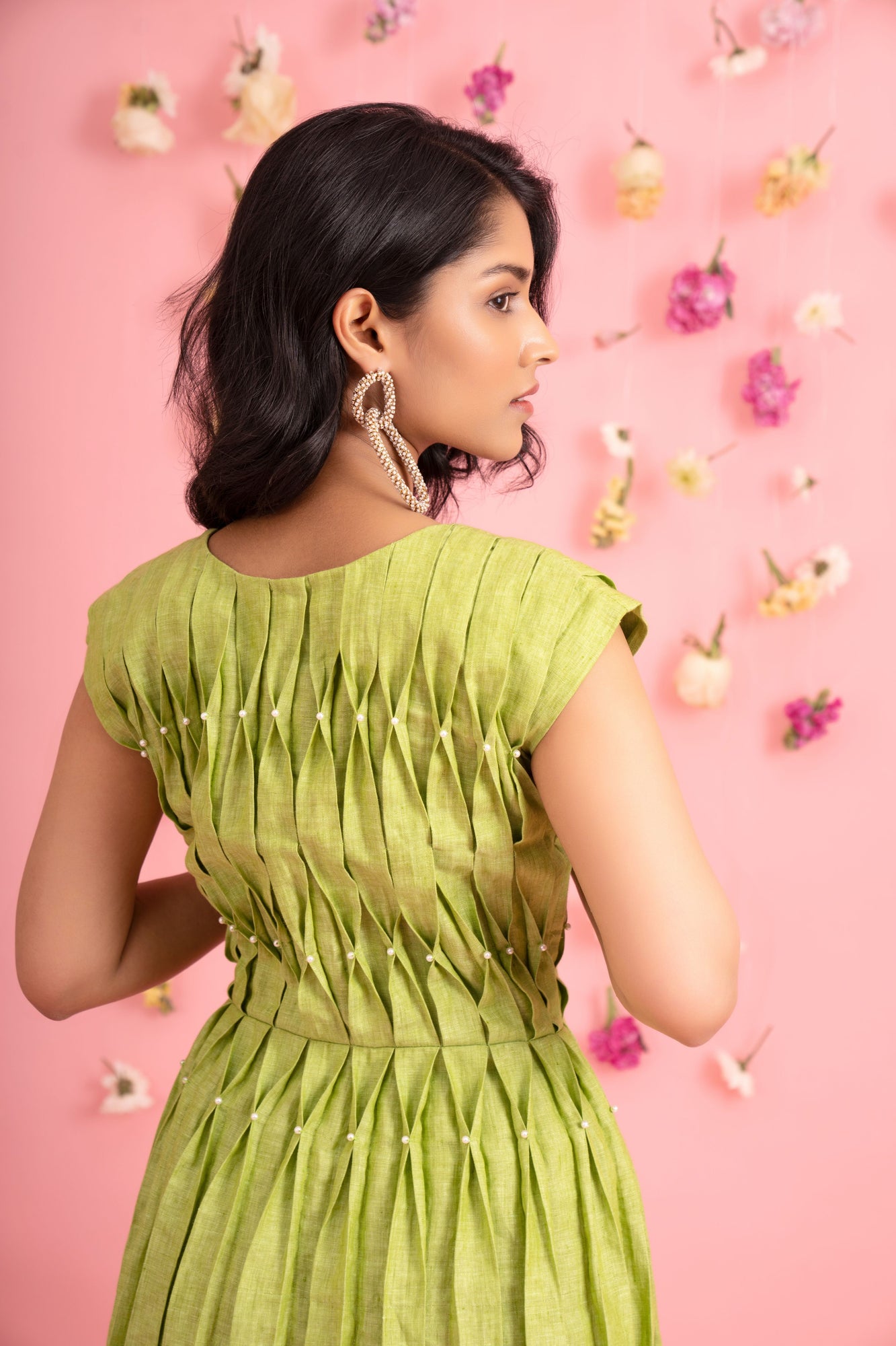 Elegant pearl pleated dress in premium handloom fabric, showcasing luxury womenswear with artisan craftsmanship and refined silhouette