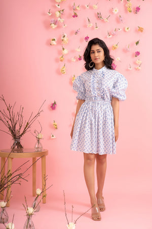 Elegant blu sodalite dress in premium handloom fabric, showcasing artisan craftsmanship with a refined silhouette for luxury womenswear