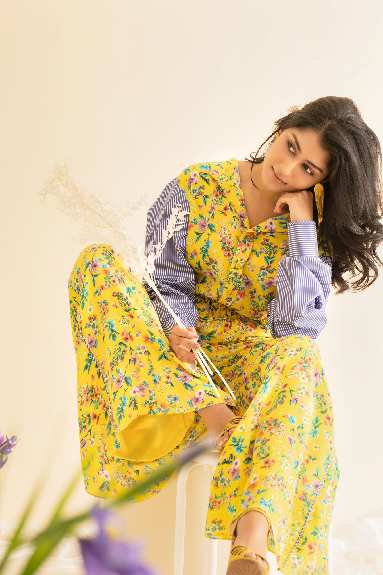 Elegant wide-leg palazzo in premium handloom fabric, showcasing NJ3 Atelier's luxury craftsmanship and sophisticated style