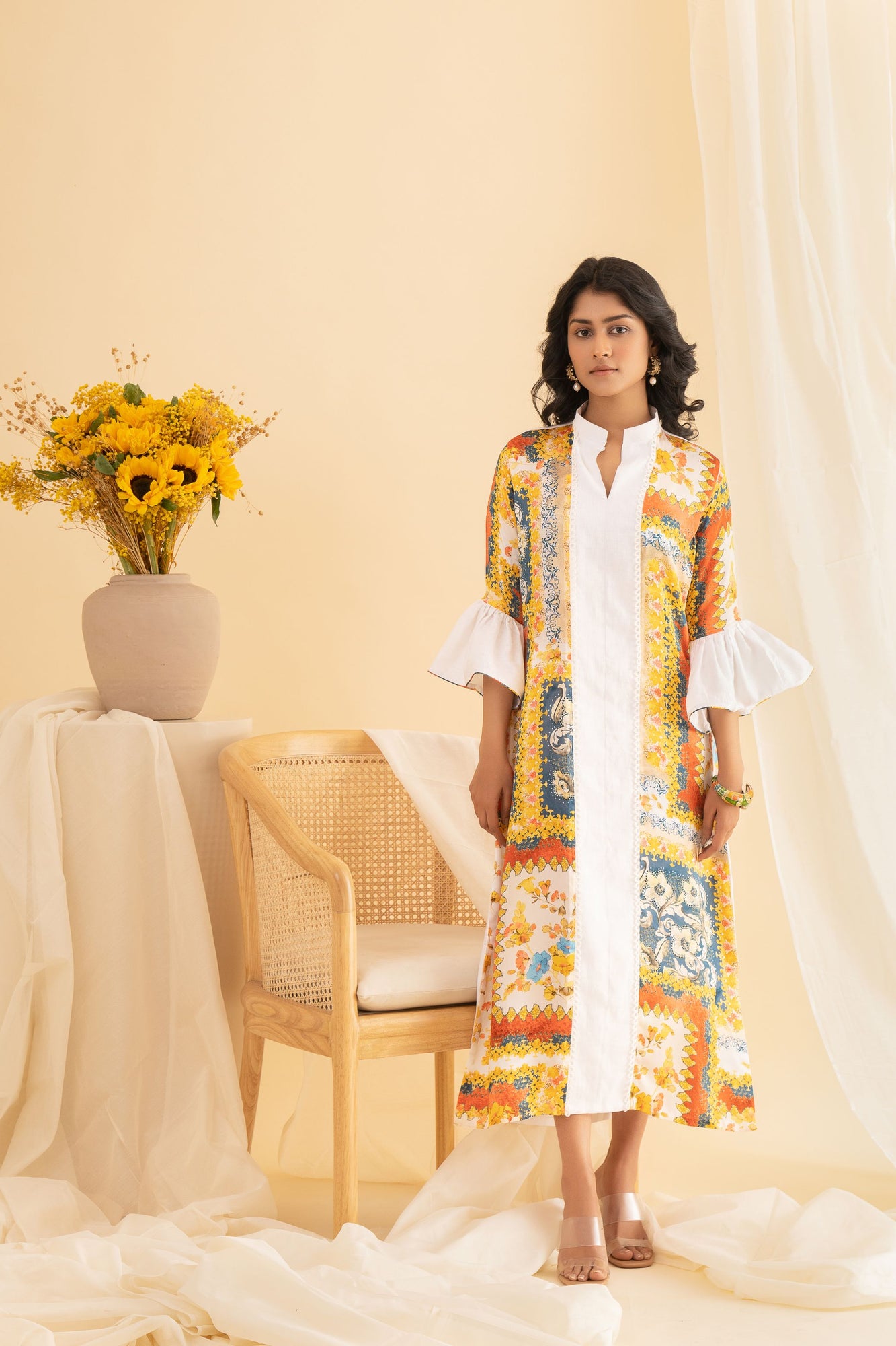 Elegant Leo Slit Midi Dress in rich handloom fabric, showcasing a refined silhouette with artisan-crafted details for luxury womenswear
