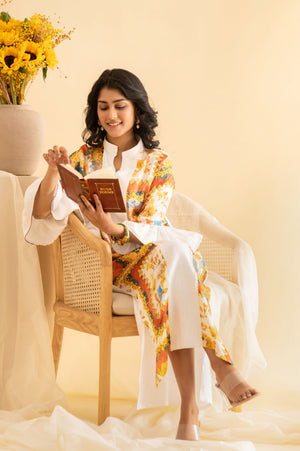Elegant Leo Slit Midi Dress in premium handloom fabric, showcasing a chic silhouette with a sophisticated slit, embodying luxury womenswear