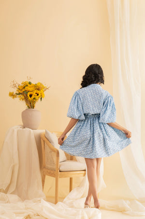 Artisan-crafted blue sodalite dress in premium handloom fabric, showcasing elegant silhouette and luxury womenswear design