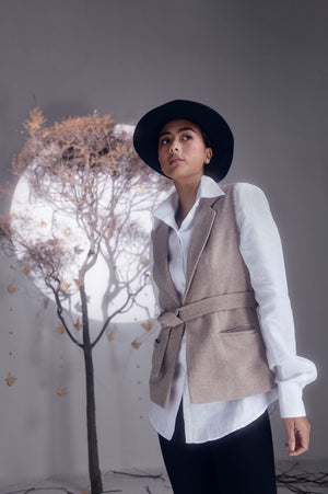 Handcrafted Pavilion Jacket in premium handloom fabric, showcasing elegant silhouette and luxury design in rich, sophisticated hues