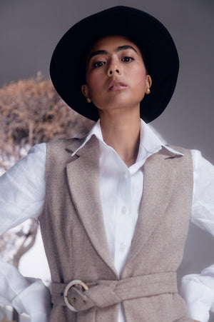 Elegant handloom Pavilion Jacket in rich navy, showcasing a tailored silhouette and premium fabric, epitomizing luxury womenswear