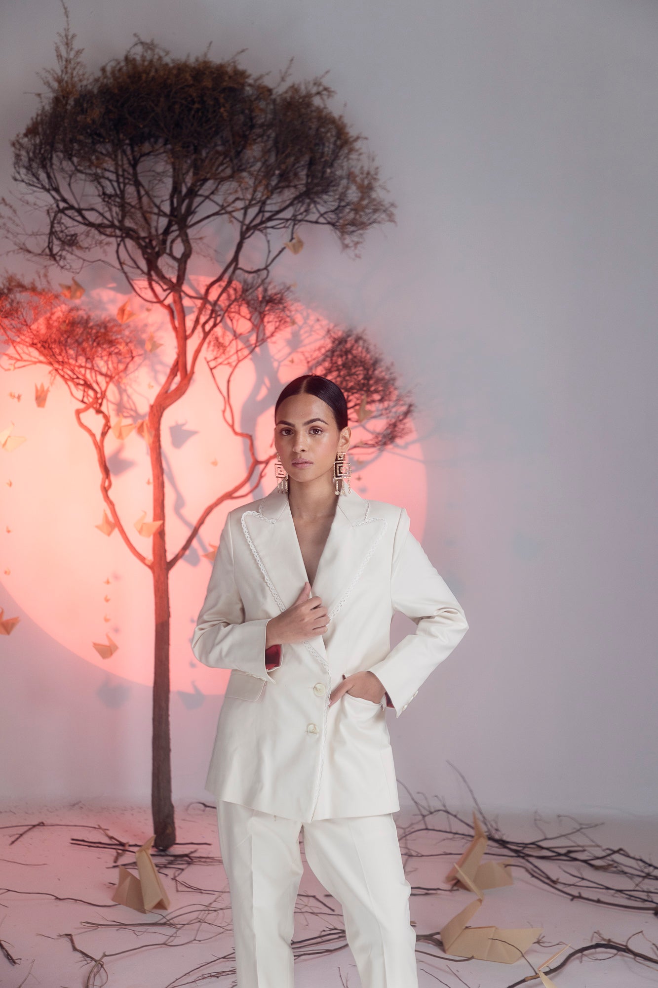 Beige denim lycra jacket with lace detailing and red lining, exuding luxury and sophistication, artisan-crafted for NJ3 Atelier