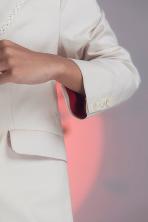 Elegant silver jacket in premium handloom fabric, showcasing a tailored silhouette and exquisite artisan craftsmanship