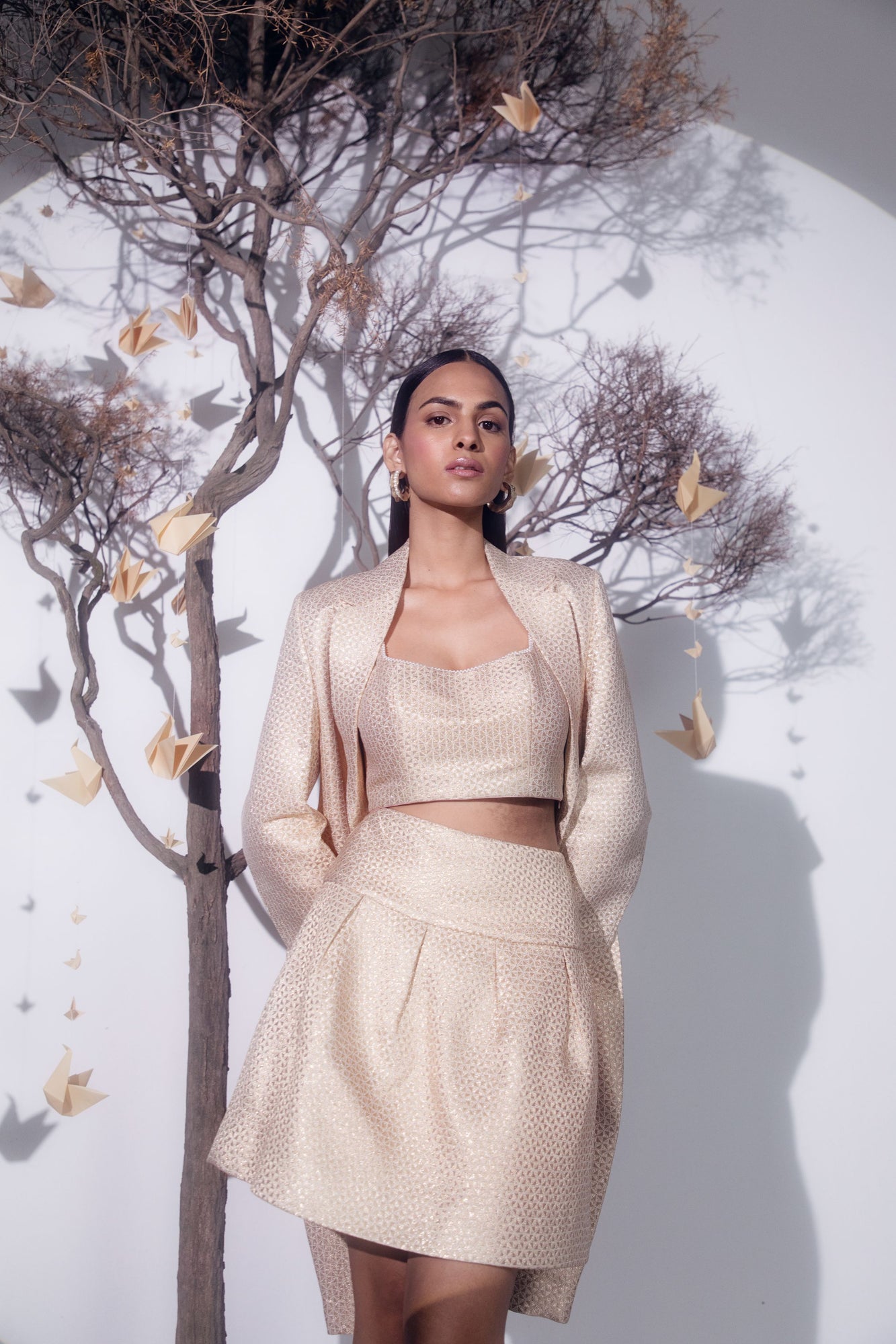 Elegant back view of the Tulip Jacket in premium handloom fabric, showcasing its tailored silhouette and artisan craftsmanship