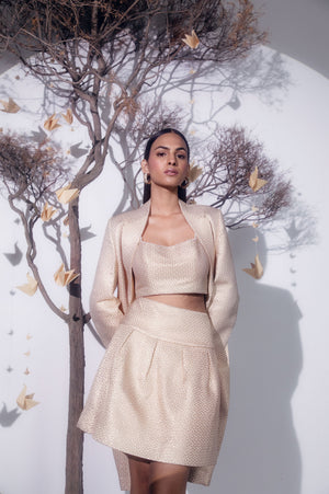 Elegant back view of the Tulip Jacket in premium handloom fabric, showcasing its tailored silhouette and artisan craftsmanship