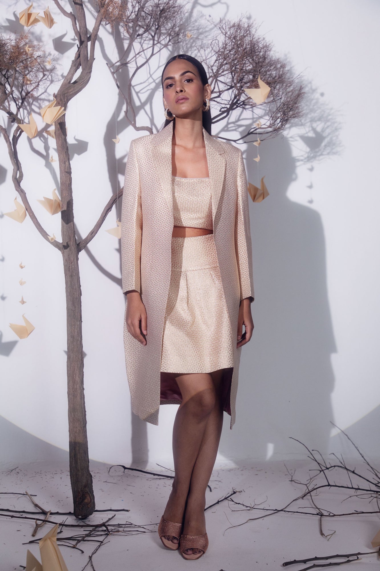 Rose gold silk jacquard jacket with a front opening, handcrafted with cotton lurex, showcasing luxury womenswear elegance
