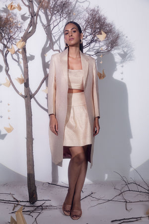 Rose gold silk jacquard jacket with a front opening, handcrafted with cotton lurex, showcasing luxury womenswear elegance