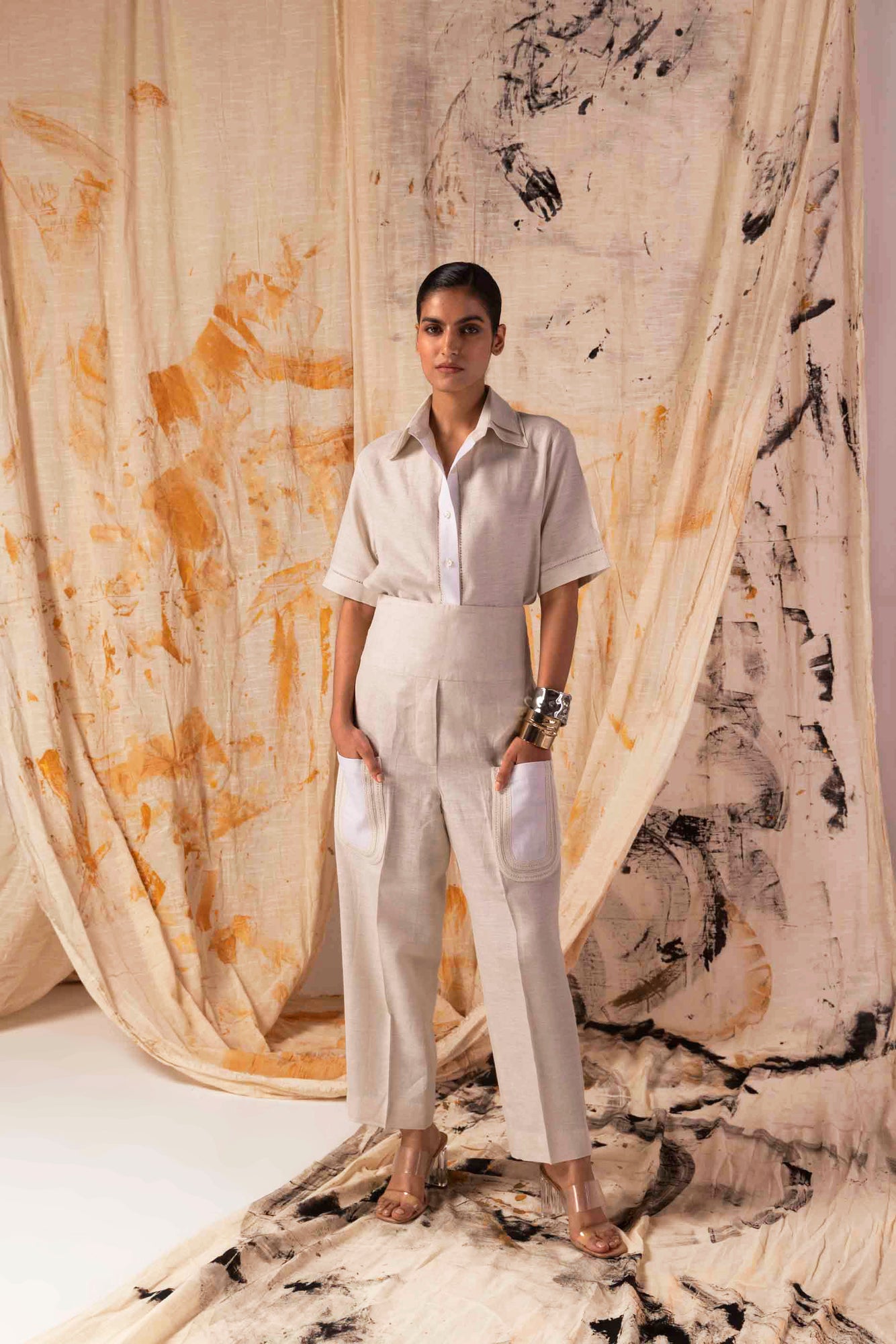 Almondine Beige linen co-ord with lace trim, double collar shirt, half sleeves, and straight-fit pants. Artisan-made luxury womenswear