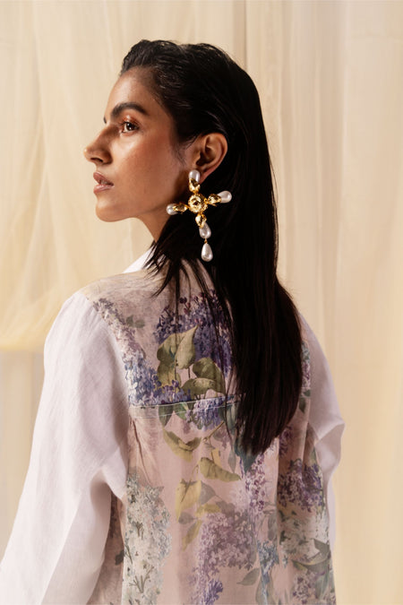 Hydra Hues Co-ord Set - Back view of white linen shirt with hydrangea print, worn with elasticated trousers - NJ3ATELIER co-ord set