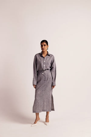Misty grey linen co-ord set featuring a classic collared shirt and pencil skirt with slits, showcasing luxury artisan craftsmanship