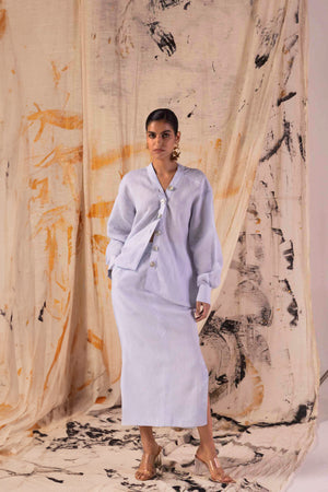 Powder blue linen co-ord set with no-collar shirt, button details, drop shoulders, and pencil skirt with slits, artisan-crafted luxury
