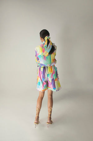 Elegant pastel handloom shirt with intricate patterns, showcasing NJ3 Atelier's artisan craftsmanship in luxury womenswear