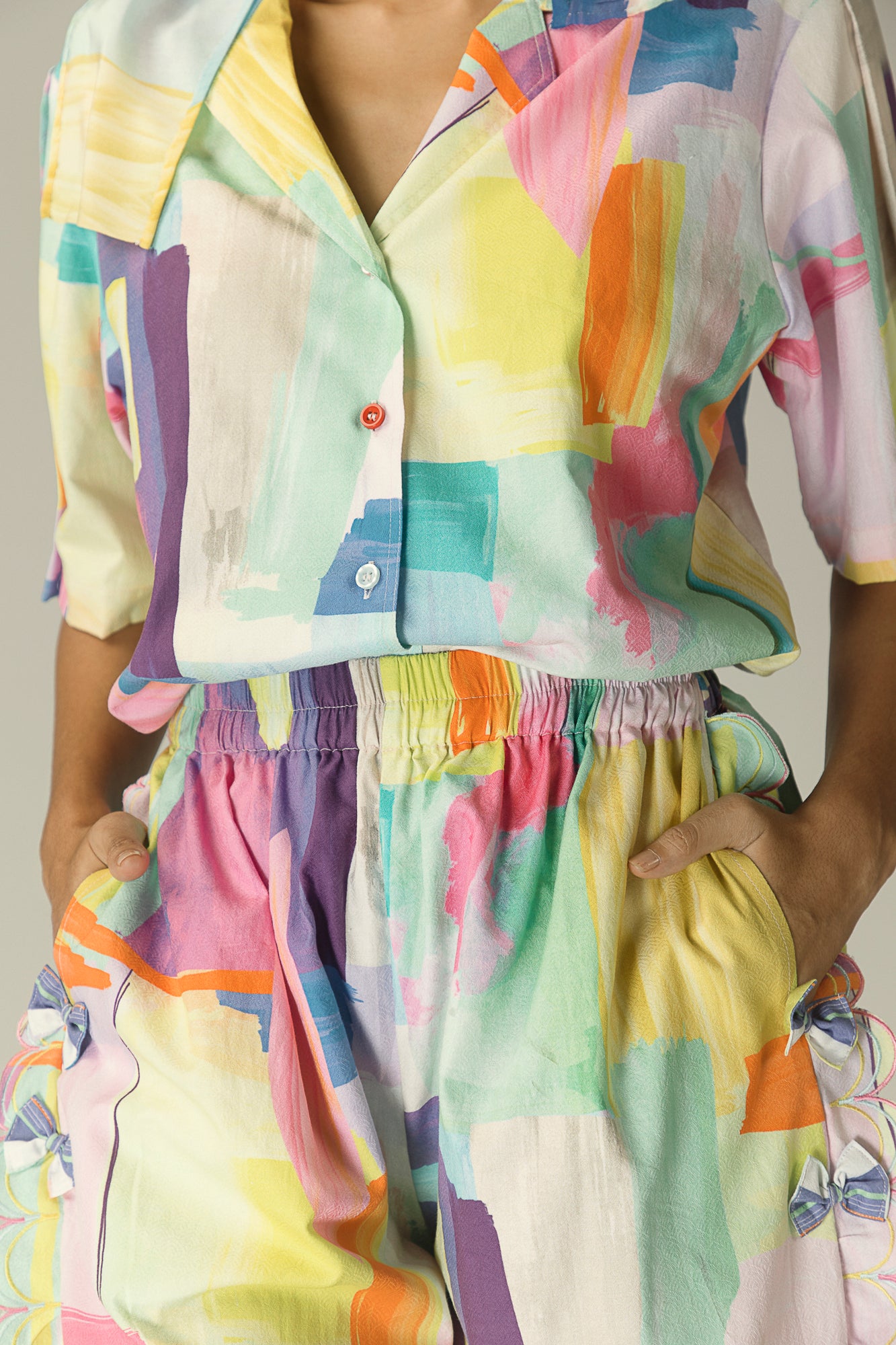 Elegant handloom Aurora half-sleeve shirt in premium fabric, showcasing luxury womenswear with a refined silhouette