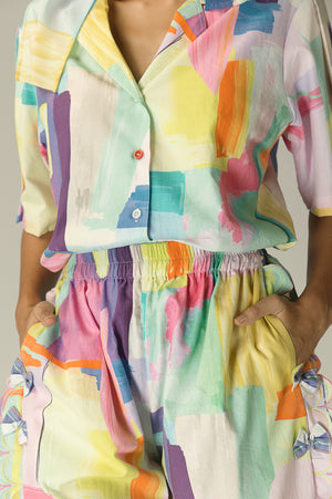 Elegant handloom Aurora half-sleeve shirt in premium fabric, showcasing luxury womenswear with a refined silhouette