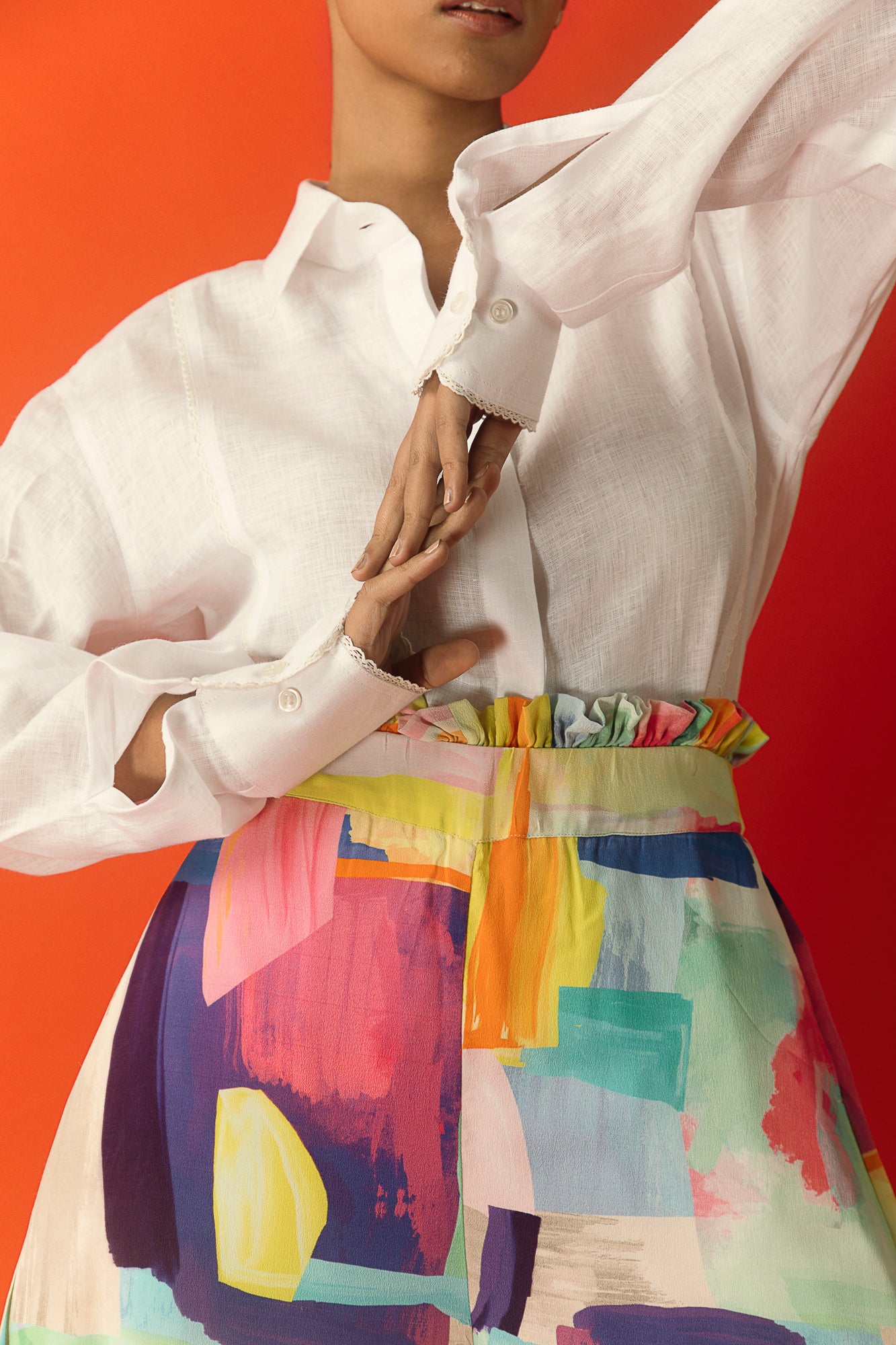 Elegant handloom palazzo pants with cascading ruffles, showcasing NJ3 Atelier's luxury craftsmanship in premium fabric