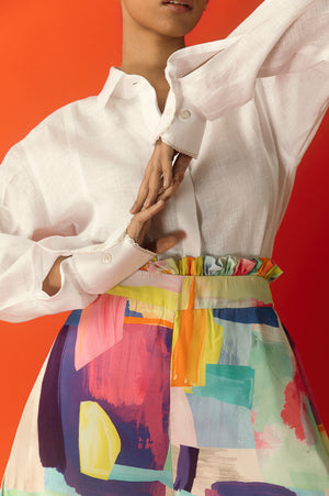 Elegant handloom palazzo pants with cascading ruffles, showcasing NJ3 Atelier's luxury craftsmanship in premium fabric