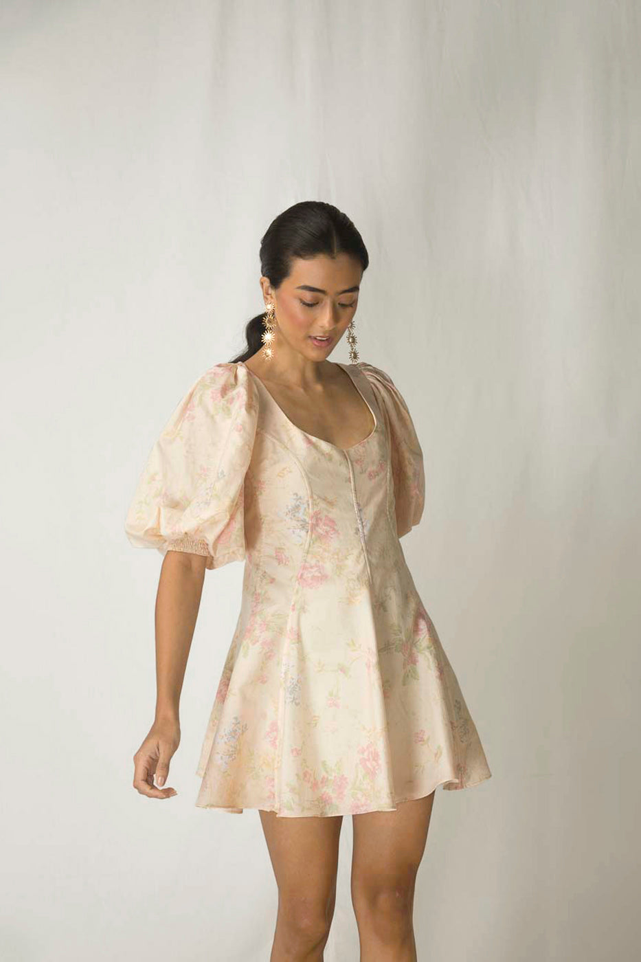 Yellow corset dress in premium banana fabric, featuring peasant sleeves; a handcrafted luxury piece from NJ3 Atelier's Valerian collection