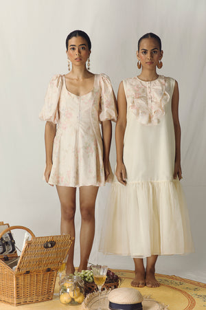 Elegant banana-corset dress in premium handloom fabric, showcasing a refined silhouette and exquisite artisan craftsmanship