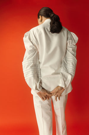 Elegant Bianca lace-up shirt in soft, handloom fabric, showcasing exquisite craftsmanship and luxury womenswear design