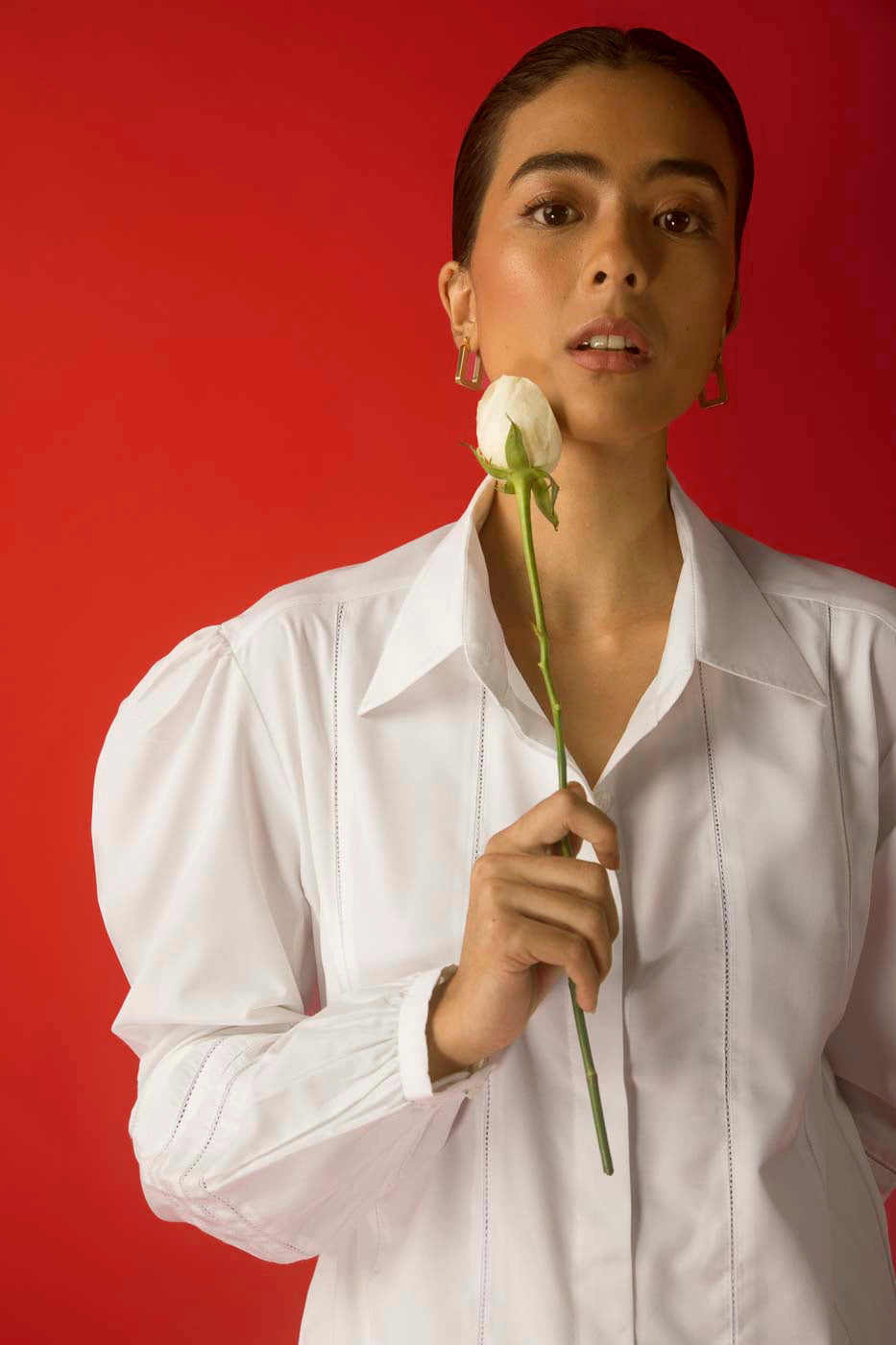 Elegant Bianca lace-up shirt in soft, handloom fabric, showcasing a refined silhouette and artisan craftsmanship for luxury womenswear