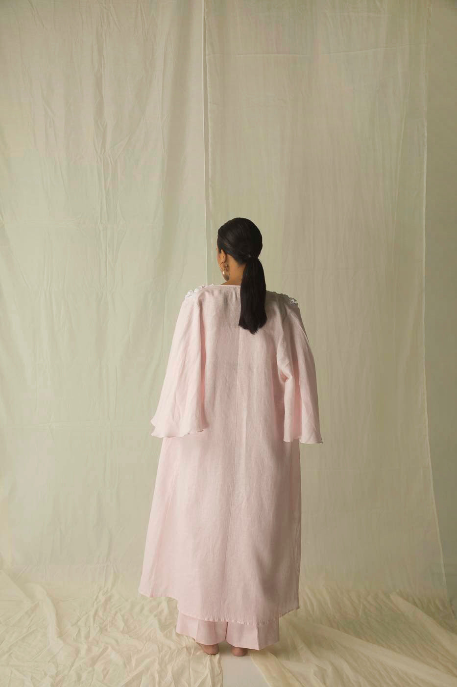 Elegant Bonheure Rosea kaftan in premium handloom fabric, showcasing a flowing silhouette and artisan-crafted design for luxury womenswear