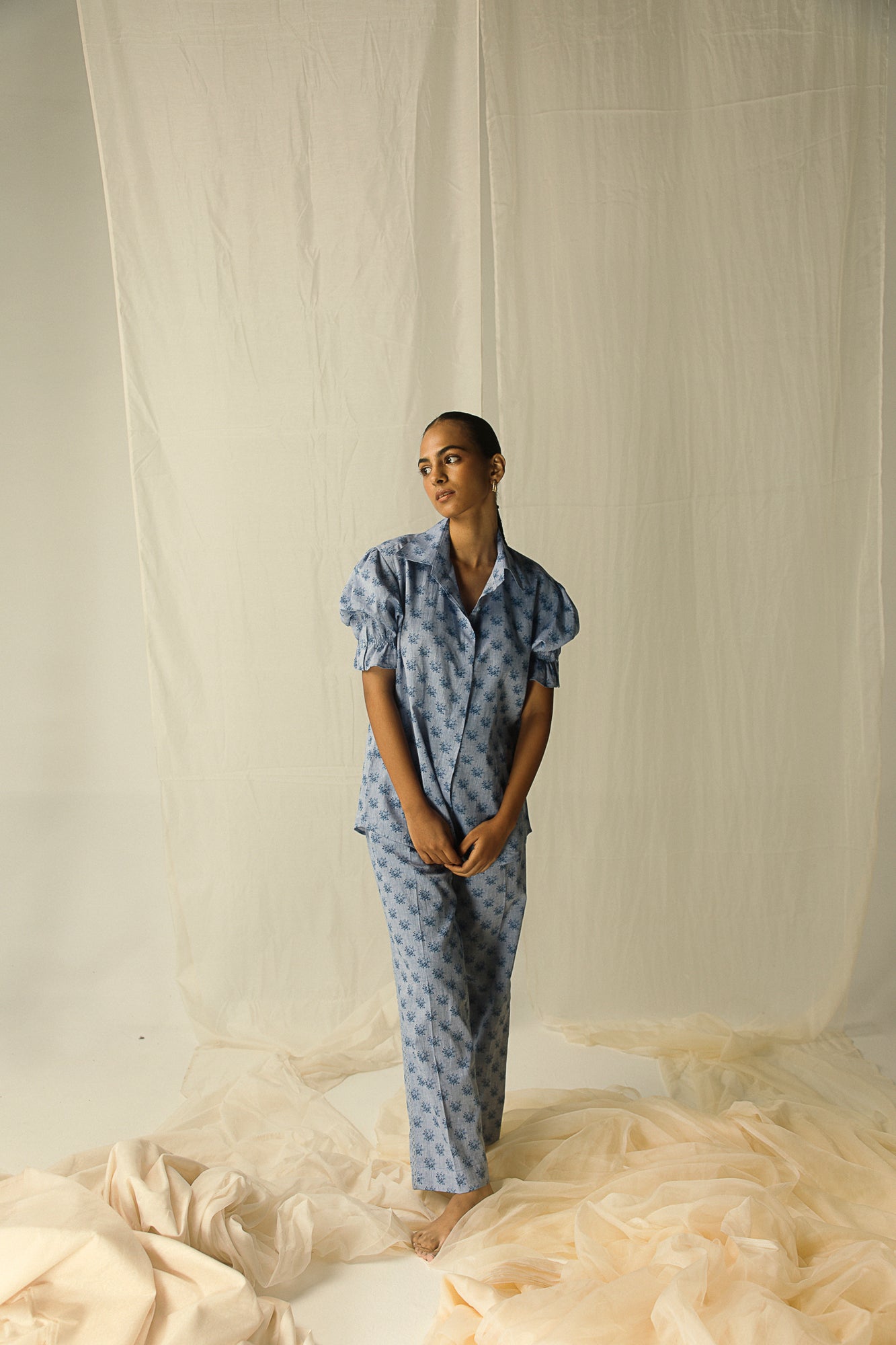 Elegant Steel Roza Shirt in premium handloom fabric, showcasing a tailored silhouette and artisan craftsmanship for luxury womenswear