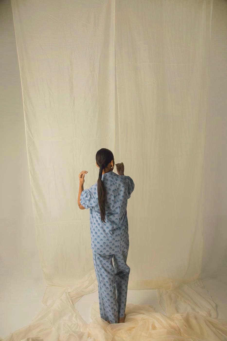 Luxurious handloom steel blue shirt with delicate roza patterns, showcasing premium fabric and artisan craftsmanship for elegant womenswear