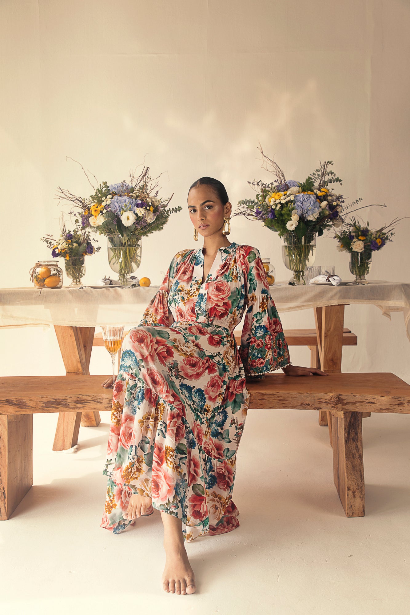 Elegant Rose Ballet Midi Dress in handloom silk, showcasing a flowing silhouette and exquisite craftsmanship, epitomizing luxury womenswear