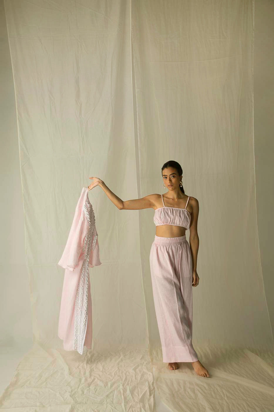 Luxurious pink and blue tube top with strap, crafted from pure Italian linen. Handcrafted elegance in premium womenswear, dry clean only