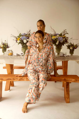 Handcrafted crepe silk shirt with pleated sufi print in orange, brown, pastel pink, and blue; luxury womenswear, dry clean only